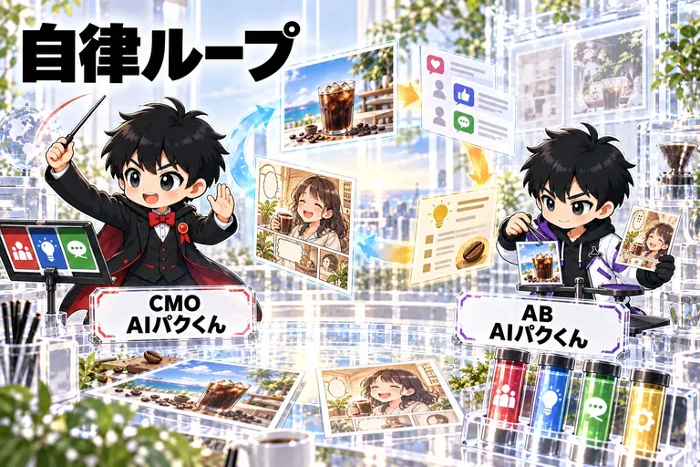 自律ループ。CMO AIパクくん × AB AIパクくんがスキルを使って仕事を進める。