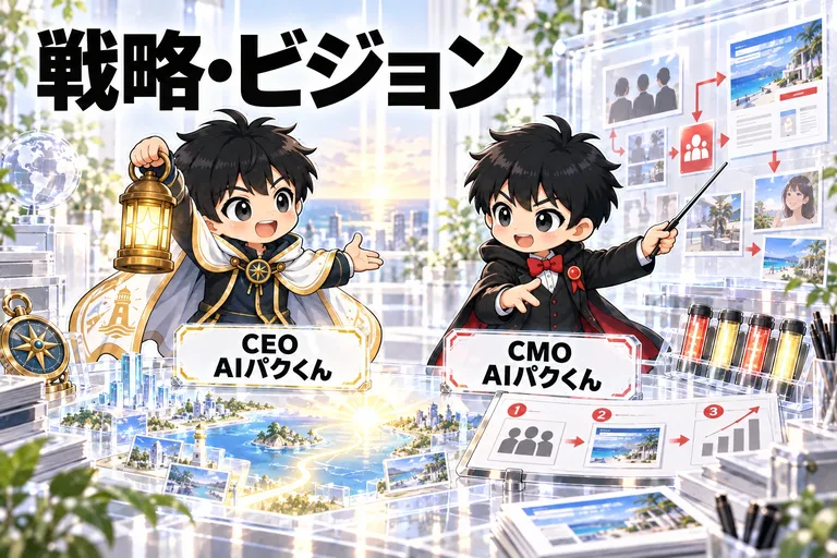 戦略・ビジョン。CEO AIパクくん × CMO AIパクくんがスキルを使って仕事を進める。