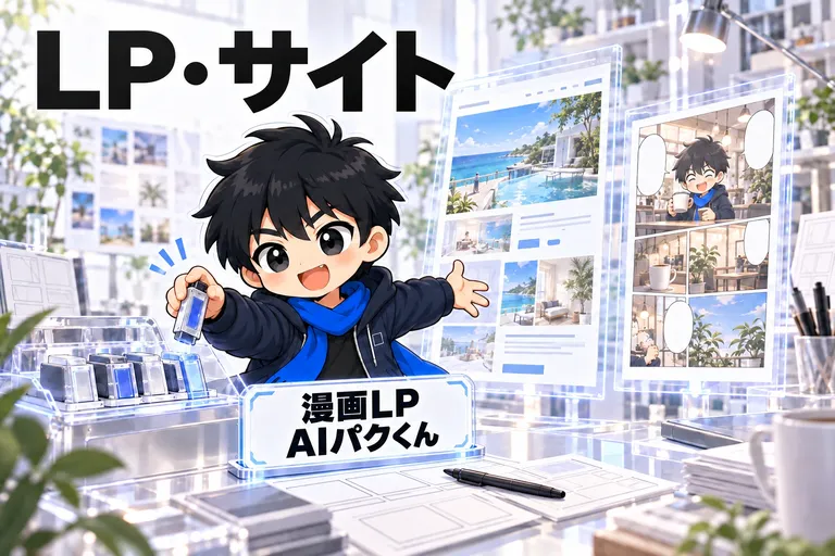 LP・サイト。漫画LP AIパクくんがスキルを使って仕事を進める。