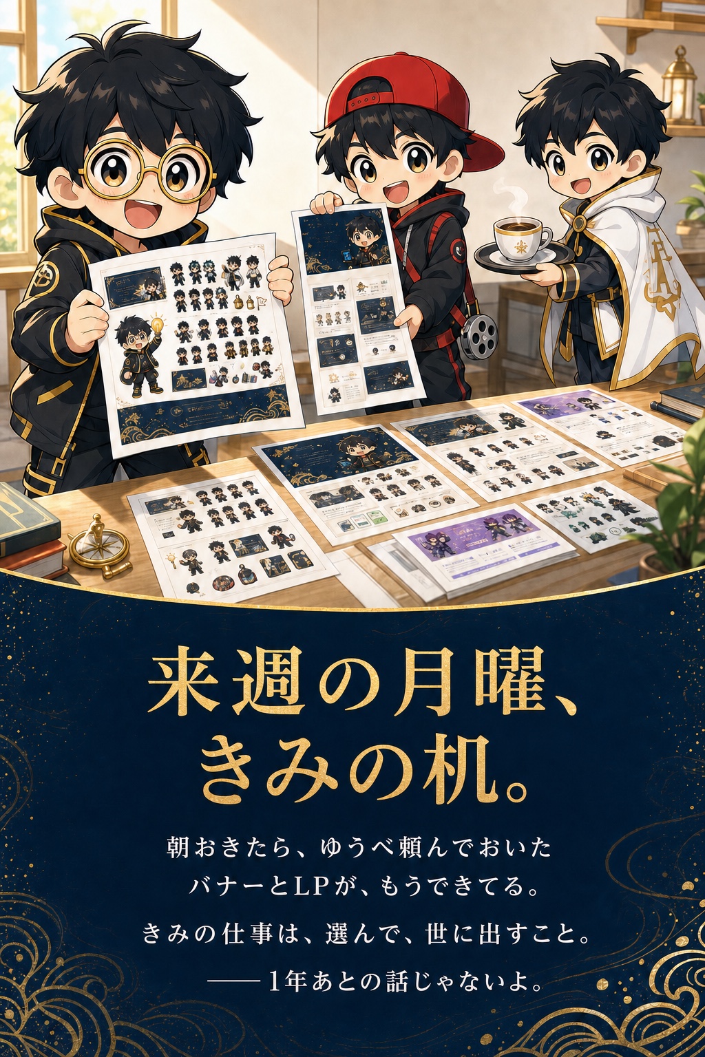 いつかの月曜、きみの机。朝おきたら、ゆうべ頼んでおいたバナーとLPが、もうできてる。きみの仕事は、選んで、世に出すこと。