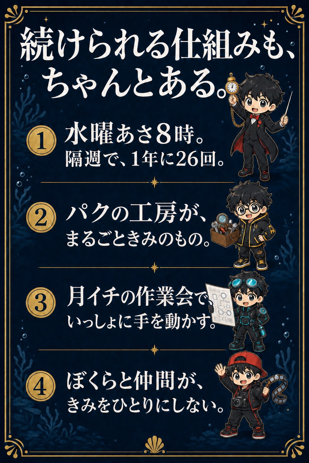 続けられる仕組みも、ちゃんとある。①水曜あさ8時。隔週で、1年に26回。②パクの工房が、まるごときみのもの。③月イチの作業会で、いっしょに手を動かす。④ぼくらと仲間が、きみをひとりにしない。