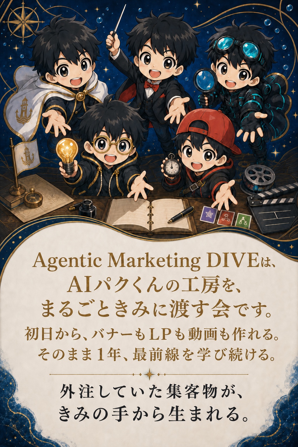 Agentic Marketing DIVEは、AIパクくんの工房をまるごときみに渡す会です。初日から、バナーもLPも動画も作れる。そのまま1年、最前線を学び続ける。