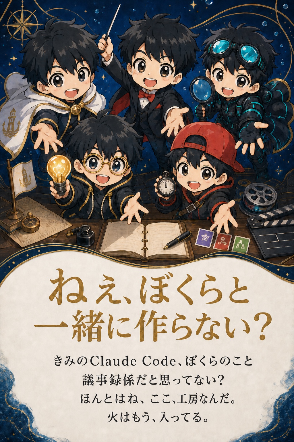 ねえ、ぼくらと一緒に作らない? きみのClaude Code、ぼくらのこと議事録係だと思ってない? ほんとはね、ここ、工房なんだ。火はもう、入ってる。