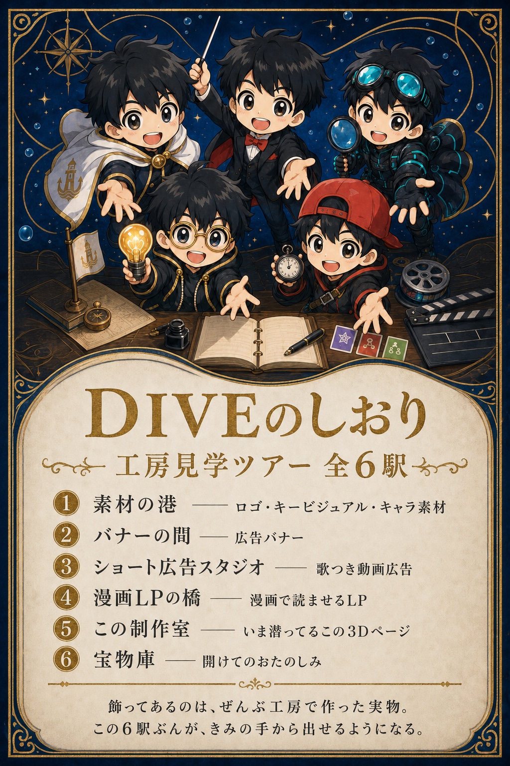 DIVEのしおり: 工房見学ツアー全6駅(素材の港・バナーの間・ショート広告スタジオ・漫画LPの橋・この制作室・宝物庫)