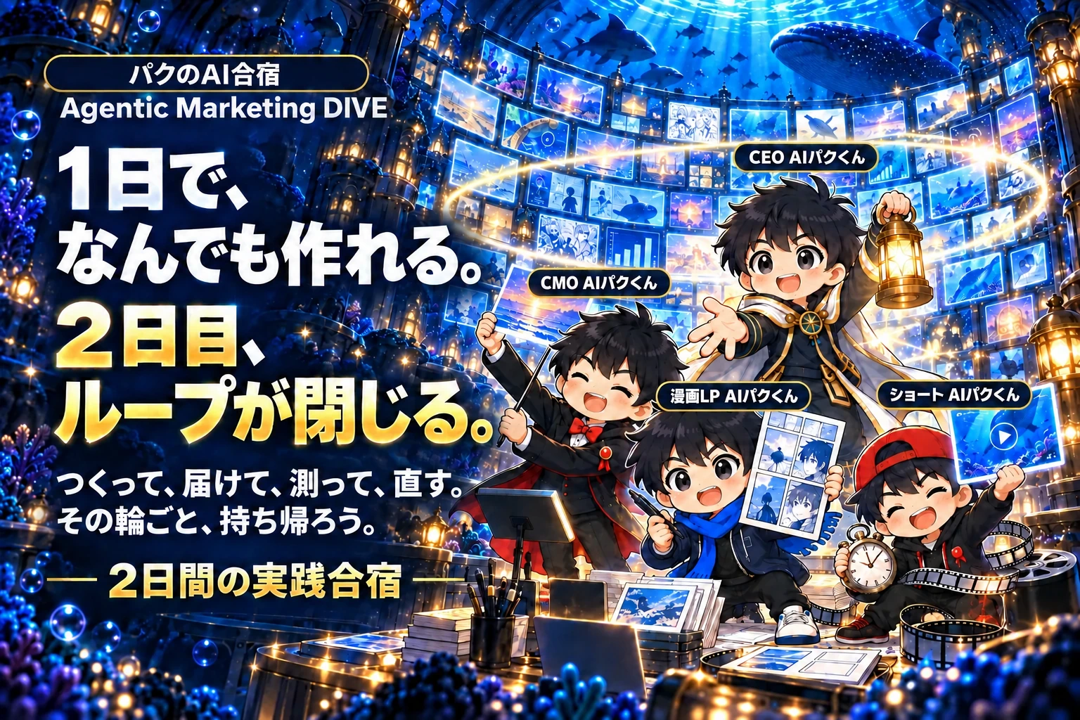 パクのAI合宿。Agentic Marketing DIVE 1日で、なんでも作れる。2日目、ループが閉じる。つくって、届けて、測って、直す。その輪ごと、持ち帰ろう。2日間の実践合宿。CEO・CMO・漫画LP・ショートのAIパクくん