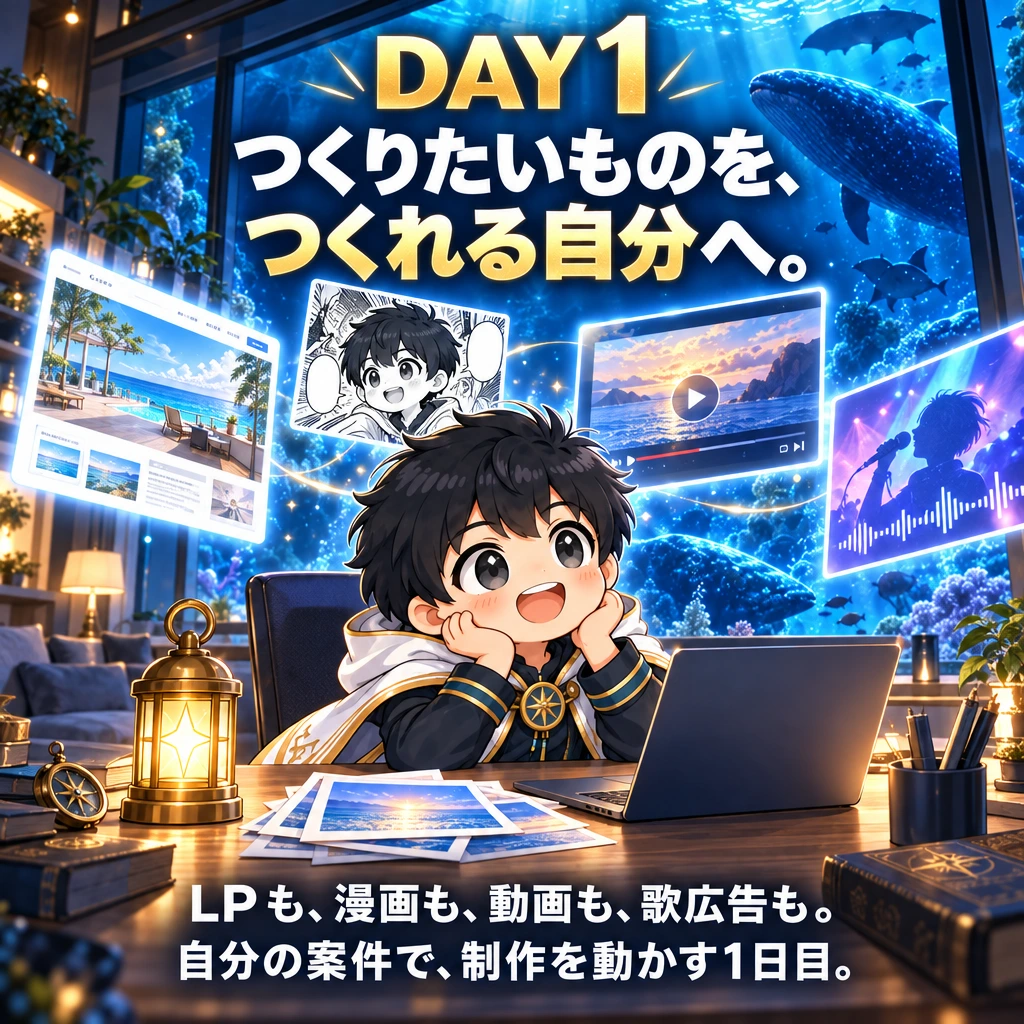 DAY 1
つくりたいものを、
つくれる自分へ。
LPも、漫画も、動画も、歌広告も。
自分の案件で、制作を動かす1日目。