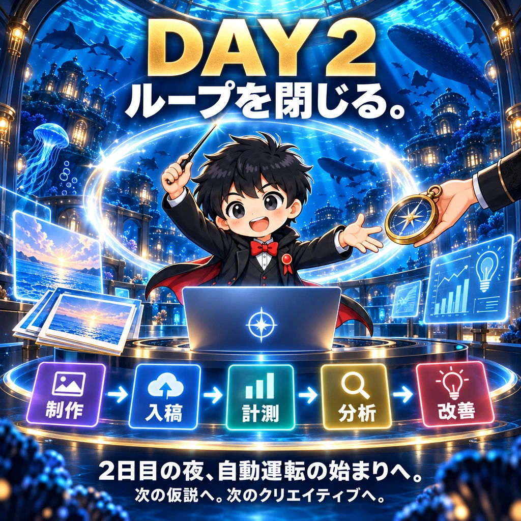 DAY 2
ループを閉じる。
2日目の夜、自動運転の始まりへ。
制作 → 入稿 → 計測 → 分析 → 改善
次の仮説へ。次のクリエイティブへ。