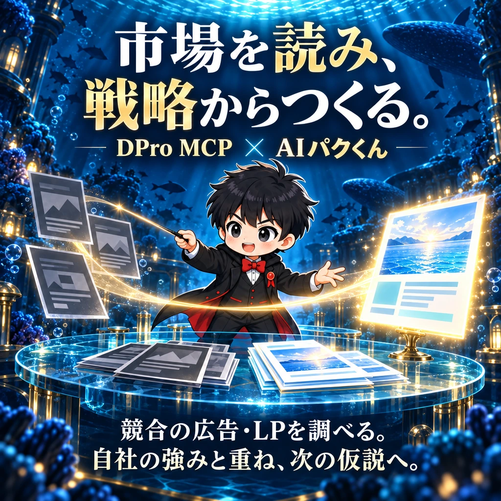 市場を読み、
戦略からつくる。
DPro MCP × AIパクくん
競合の広告・LPを調べる。
自社の強みと重ね、次の仮説へ。