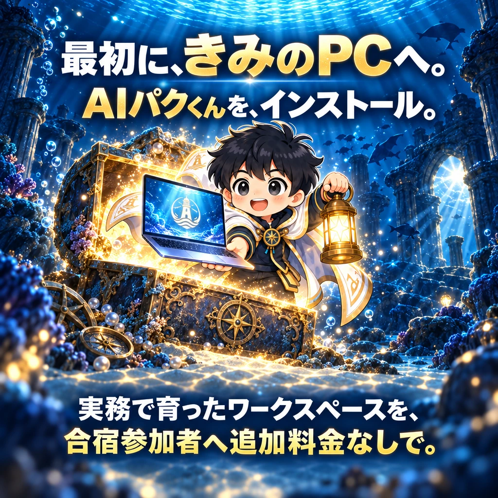 最初に、きみのPCへ。
AIパクくんを、インストール。
実務で育ったワークスペースを、
合宿参加者へ追加料金なしで。