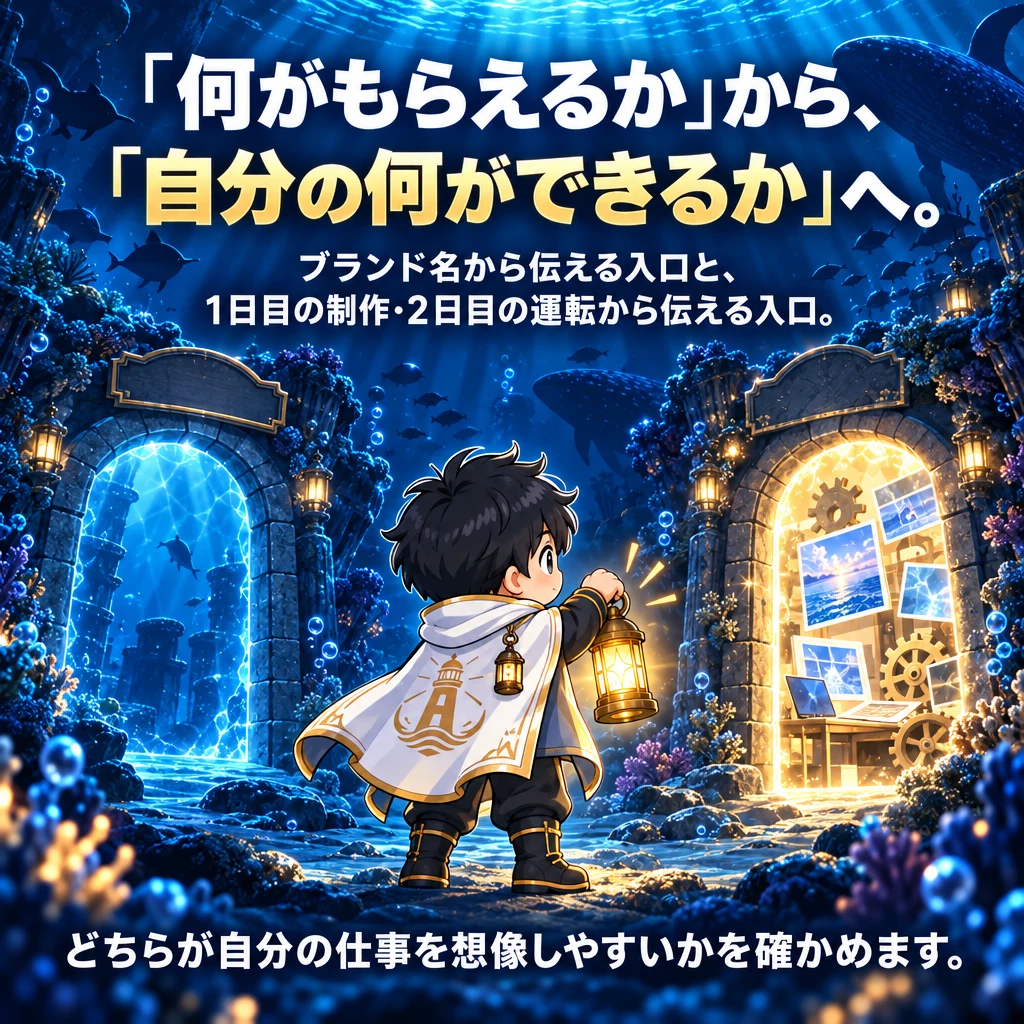 「何がもらえるか」から、「自分の何ができるか」へ。ブランド名から伝える入口と、1日目の制作・2日目の運転から伝える入口。どちらが自分の仕事を想像しやすいかを確かめます。
