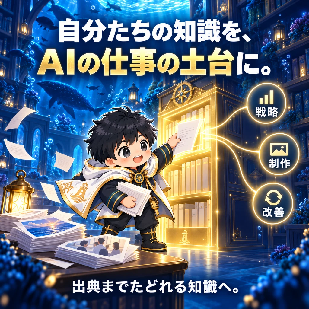 自分たちの知識を、AIの仕事の土台に。商品資料・顧客の声・過去の制作物が、出典までたどれる知識になり、戦略・制作・改善へつながる