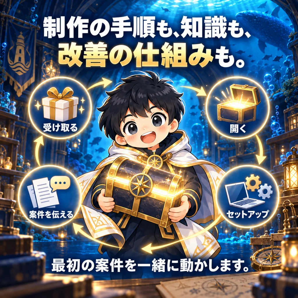 制作の手順も、知識も、改善の仕組みも。受け取る、開く、セットアップ、案件を伝える。最初の案件を一緒に動かします。