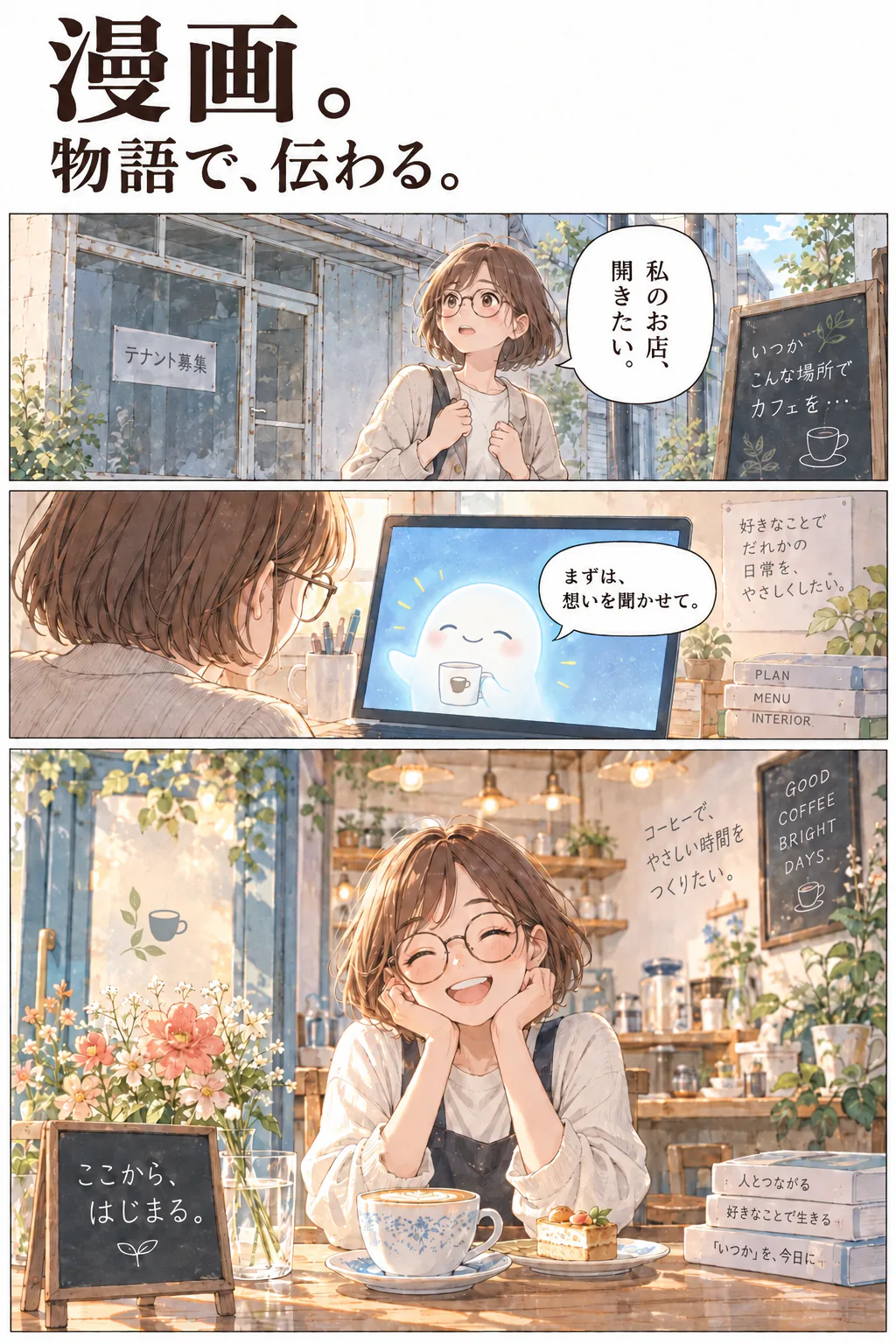 漫画。物語で、伝わる。カフェを舞台にした漫画の3つのコマ。