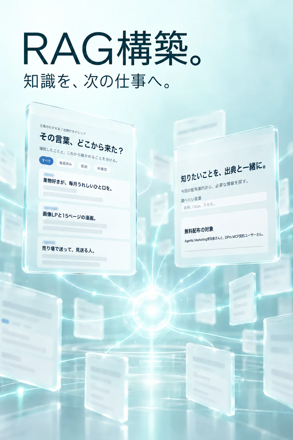 RAG構築。知識を、次の仕事へ。光の線でつながるガラスの知識カード。