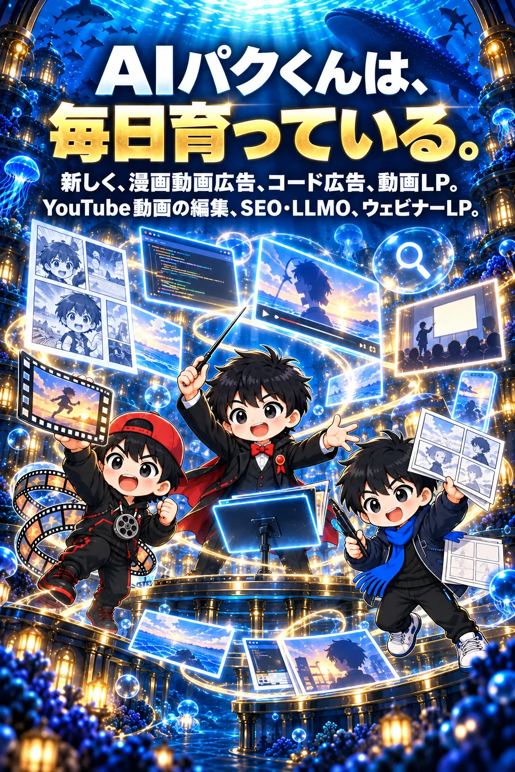 AIパクくんは、毎日育っている。新しく、漫画動画広告、コード広告、動画LP。YouTube動画の編集、SEO・LLMO、ウェビナーLP。