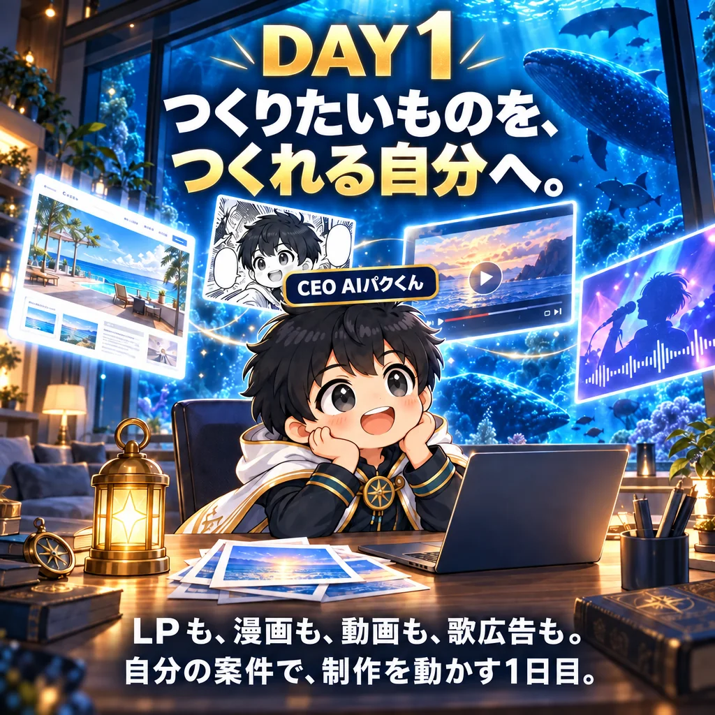 DAY 1 つくりたいものを、つくれる自分へ。LPも、漫画も、動画も、歌広告も。自分の案件で、制作を動かす1日目。CEO AIパクくん