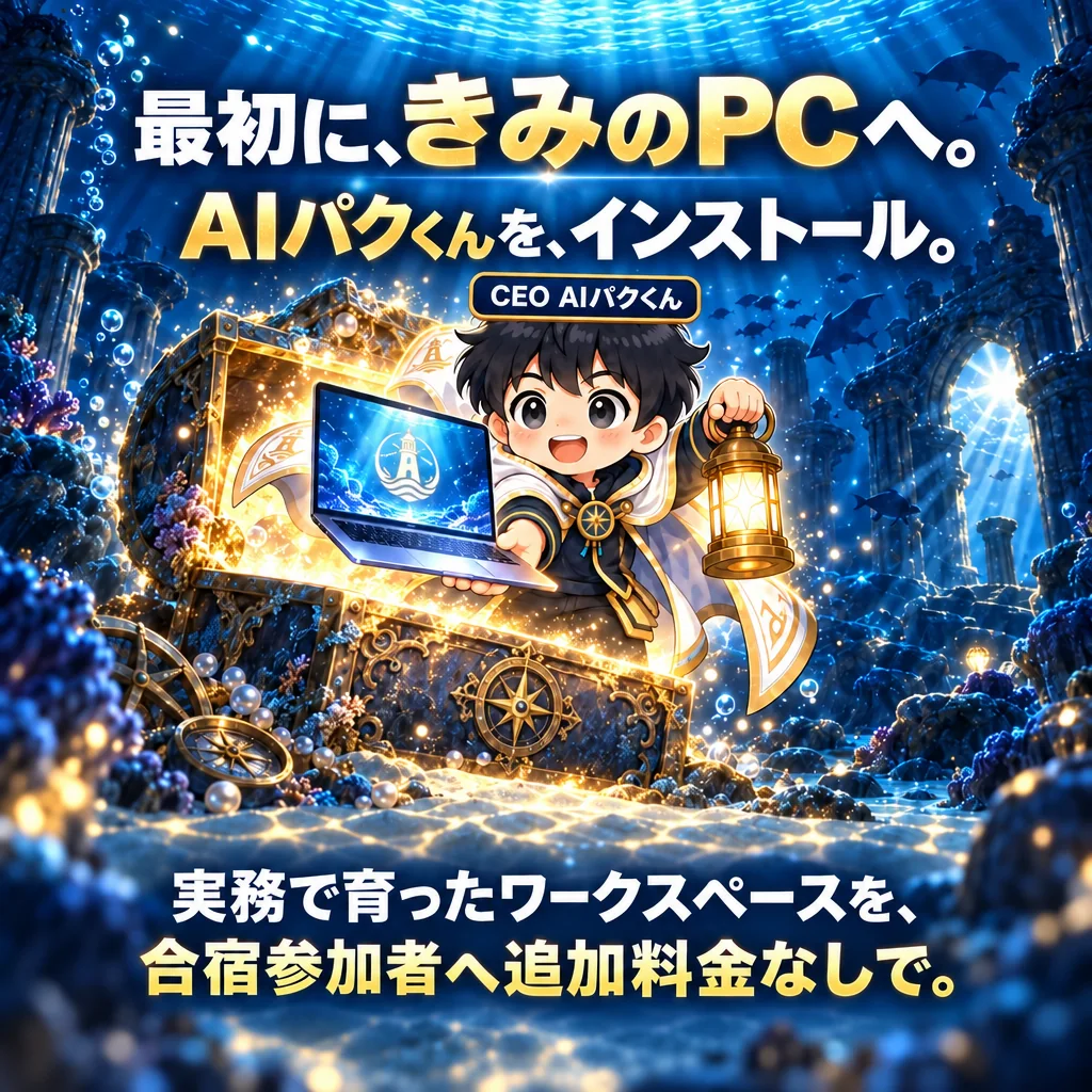 最初に、きみのPCへ。AIパクくんを、インストール。実務で育ったワークスペースを、合宿参加者へ追加料金なしで。CEO AIパクくん