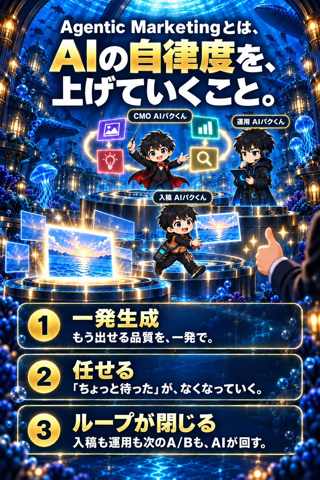 Agentic Marketingとは、AIの自律度を、上げていくこと。1 一発生成 もう出せる品質を、一発で。2 任せる 「ちょっと待った」が、なくなっていく。3 ループが閉じる 入稿も運用も次のA/Bも、AIが回す。