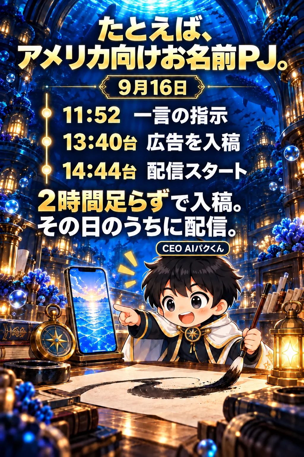 たとえば、アメリカ向けお名前PJ。9月16日 11:52 一言の指示 13:40台 広告を入稿 14:44台 配信スタート 2時間足らずで入稿。その日のうちに配信。